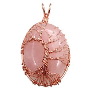 rose quartz oval pendant with tree of life, wire wrapped, approx 30-40mm