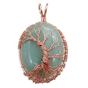 green aventurine oval pendant with tree of life, wire wrapped, approx 30-40mm