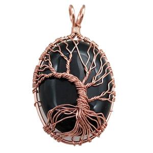 black onyx agate oval pendant with tree of life, wire wrapped, approx 30-40mm