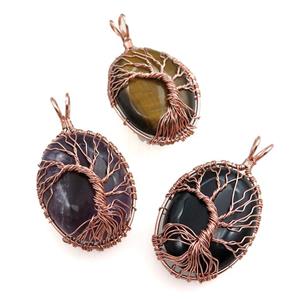 mixed gemstone oval pendant with tree of life, wire wrapped, approx 30-40mm