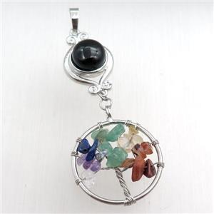 black onyx agate chakra pendant with tree of life, approx 11mm, 18mm, 28mm