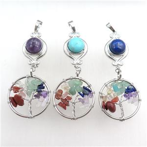 mix gemstone chakra pendant with tree of life, approx 11mm, 18mm, 28mm