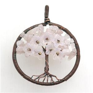 rose quartz pendant, tree of life, wire wrapped, approx 45mm