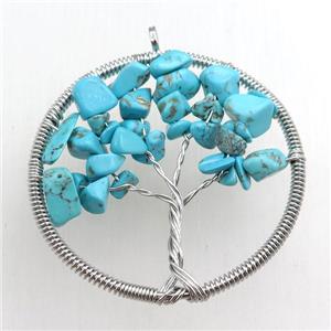 blue turquoise pendant, tree of life, wire wrapped, approx 45mm