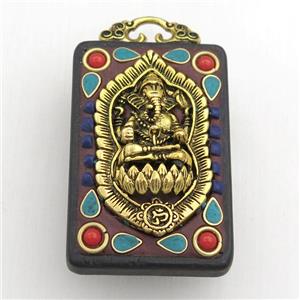 tibetan style ebony narra pendant, brass elephant, rectangle, approx 32-50mm