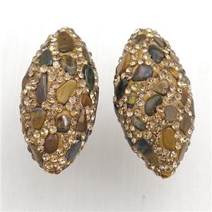 Clay rice beads paved rhinestone with tiger eye stone, approx 15-30mm