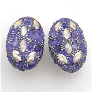 Clay oval beads paved rhinestone with amehtyst, approx 25-45mm