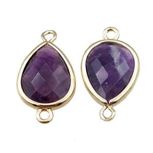 purple Amethyst connector, faceted teardrop, gold plated, approx 12-16mm