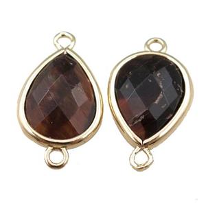 red Tiger eye stone connector, faceted teardrop, gold plated, approx 12-16mm