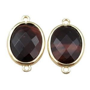 red Tiger eye stone connector, faceted oval, gold plated, approx 13-16mm