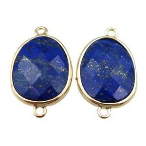 blue Lapis Lazuli connector, faceted oval, gold plated, approx 13-16mm