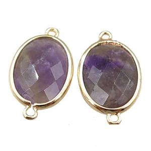 purple Amethyst connector, faceted oval, gold plated, approx 13-16mm
