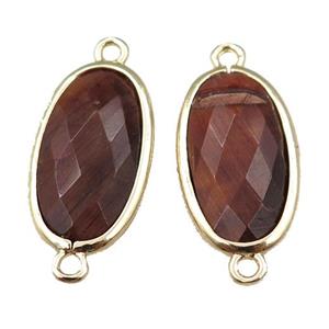 red Tiger eye stone connector, faceted oval, gold plated, approx 12-20mm