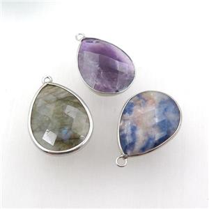 mix gemstone pendant, faceted teardrop, platinum plated, approx 18-25mm