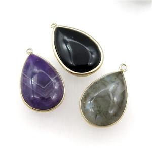 mix gemstone teardrop pendant, smooth, gold plated, approx 20-30mm