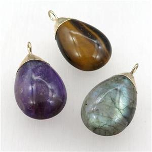 mixed Gemstone teardrop pendant, gold plated, smooth, approx 20-30mm