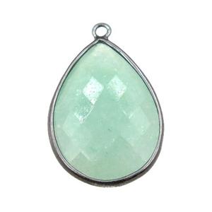 green Aventurine pendant, faceted teardrop, black plated, approx 18-25mm