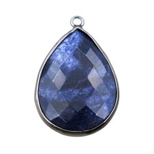 blue Sodalite pendant, faceted teardrop, black plated, approx 18-25mm
