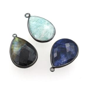 mixed Gemstone pendant, faceted teardrop, black plated, approx 18-25mm