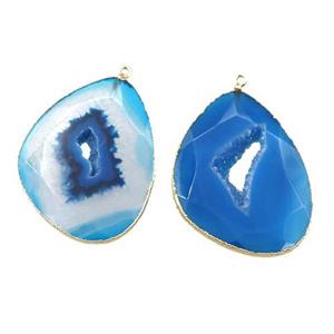 blue Agate druzy geode slab pendant, freeform, gold plated, approx 25-35mm