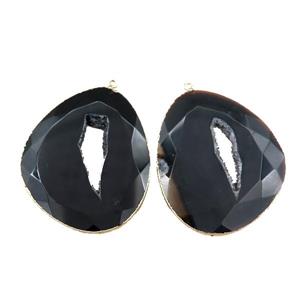 black Agate druzy geode slab pendant, freeform, gold plated, approx 35-45mm