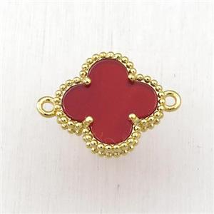 red Pearlized Shell clover connector, gold plated, approx 15mm