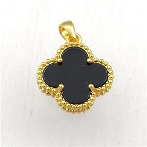 black Pearlized Shell clover pendant, gold plated, approx 15mm