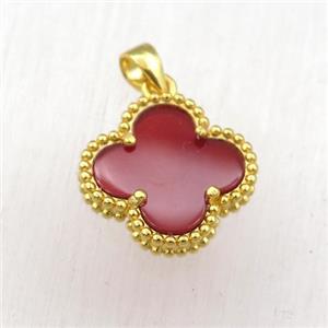 red Pearlized Shell clover pendant, gold plated, approx 15mm