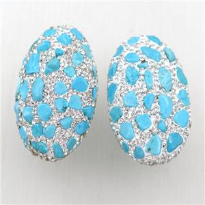 clay oval beads paved rhinestone with turquoise, approx 25-45mm