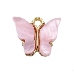 pink pearlized Glass butterfly pendant, gold plated, approx 13mm