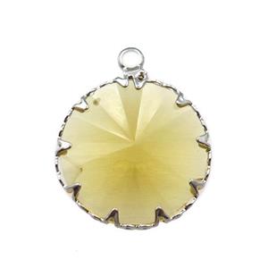 yellow crystal glass circle pendant, platinum plated, approx 17mm dia