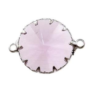pink crystal glass circle connector, platinum plated, approx 17mm dia