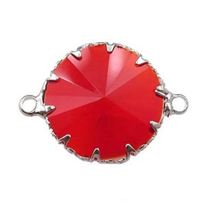 red crystal glass circle connector, platinum plated, approx 17mm dia
