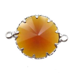orange crystal glass circle connector, platinum plated, approx 17mm dia