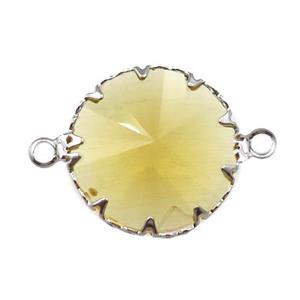 yellow crystal glass circle connector, platinum plated, approx 17mm dia