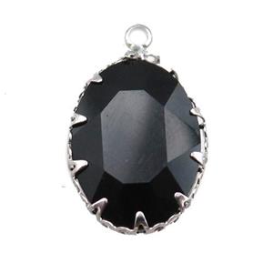 black crystal glass oval pendant, platinum plated, approx 14-19mm
