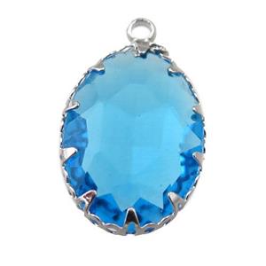 blue crystal glass oval pendant, platinum plated, approx 14-19mm