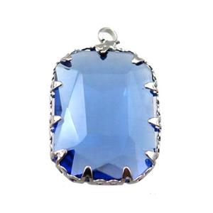 blue crystal glass rectangle pendant, platinum plated, approx 14-19mm