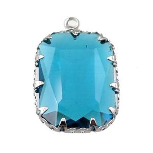 peacockblue crystal glass rectangle pendant, platinum plated, approx 14-19mm