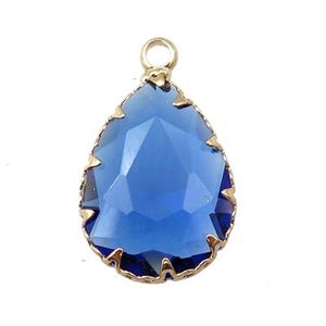 blue crystal glass teardrop pendant, platinum plated, approx 14-19mm