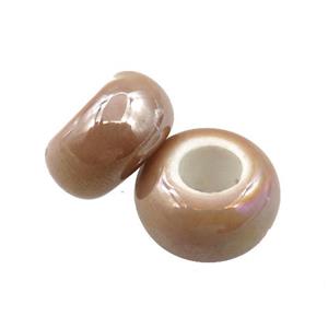 Europe style peach Pearlized Glass rondelle beads, AB-color electroplated, approx 15mm dia, 6mm hole