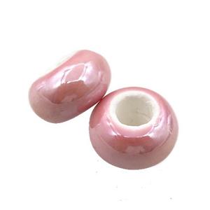 Europe style pink Pearlized Glass rondelle beads, light electroplated, approx 15mm dia, 6mm hole