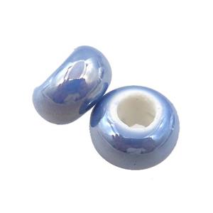 Europe style blue Pearlized Glass rondelle beads, AB-color electroplated, approx 15mm dia, 6mm hole