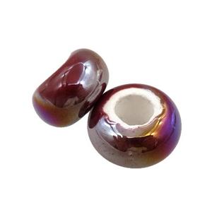 Europe style darkred Pearlized Glass rondelle beads, AB-color electroplated, approx 15mm dia, 6mm hole