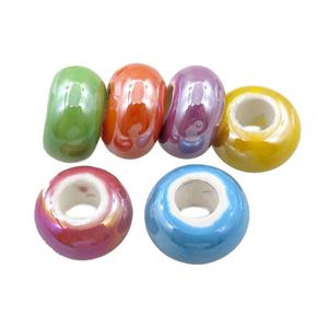 Europe style Pearlized Glass rondelle beads, large hole, electroplated, mixed, approx 15mm dia, 6mm hole