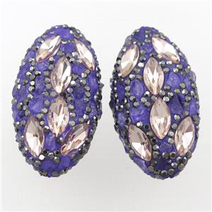 Clay oval beads paved rhinestone with amethyst, approx 20-40mm