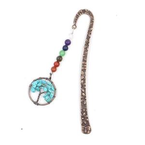 Zinc bookmark charm with tree of life, gemstone chakra, turquoise, antique red, approx 12.5cm, 30mm