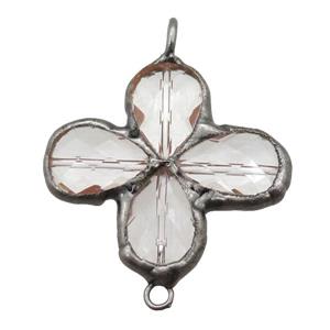 Crystal Glass clover connector, black plated, approx 40mm