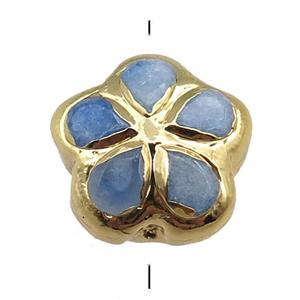 blue jade flower beads, gold plated, approx 19mm