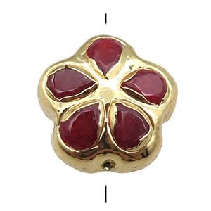 red jade flower beads, gold plated, approx 19mm